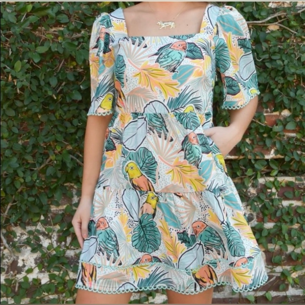 Jade Melody Tam Puff Sleeve Tiered Mini Dress Bird Paradise Size XS MSRP $173